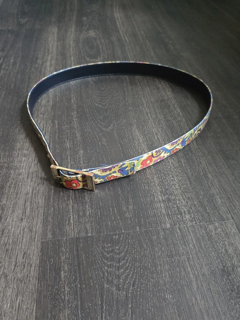 Reversible Belt Navy Leather Abstract Floral Print Gold Buckle Vintage 1